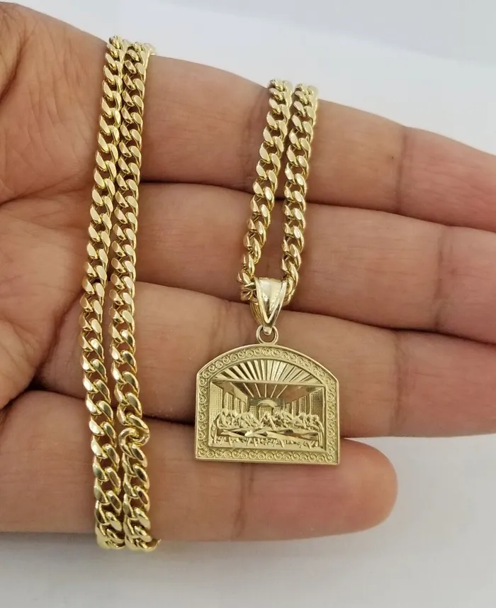 Gold and Diamond PreStyled Sets 10k Last Supper Charm with Real Gold 4mm Miami Cuban Chain 24 inch10kt gold set Gold and Diamond PreStyled Sets 10k Last Supper Charm with Real Gold 4mm Miami Cuban Chain 24 inch10kt gold set