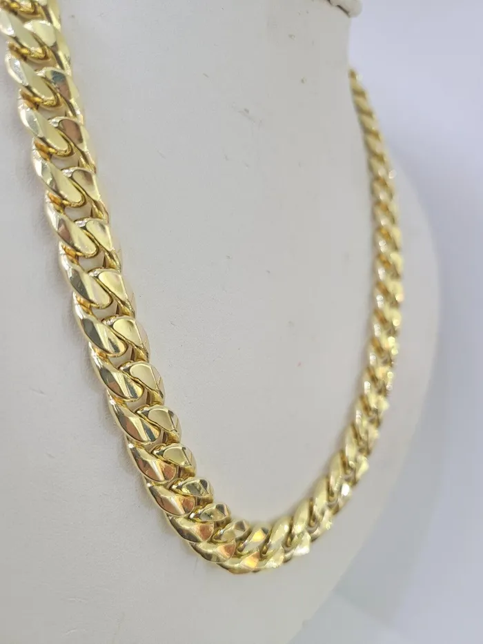 Gold and Diamond Real 14K Miami Cuban Link Chain Necklace Yellow Gold 24 inch 11mm Mens Hollow Necklaces