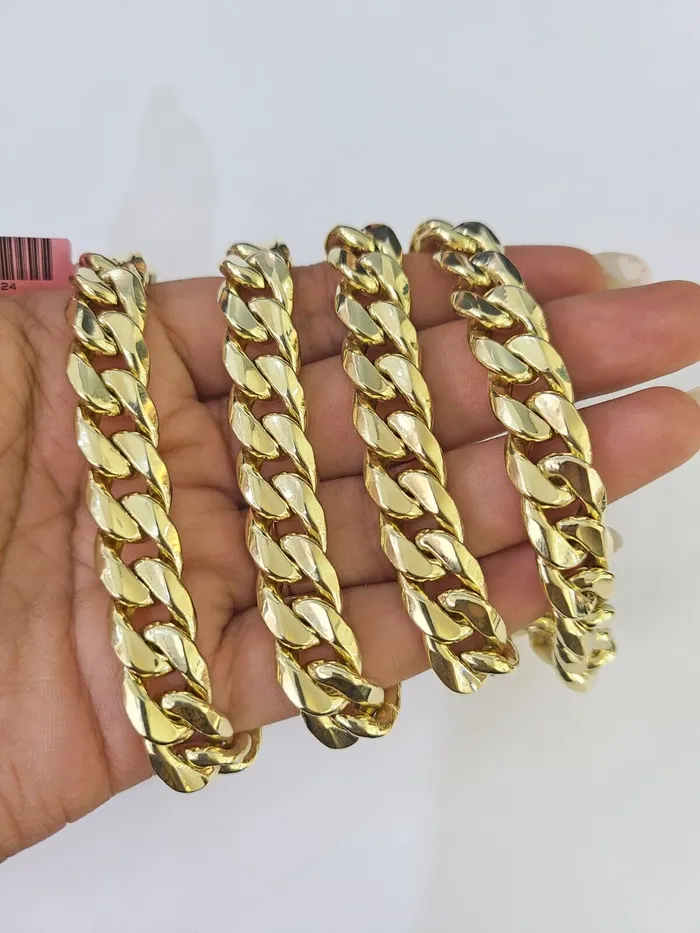 Gold and Diamond Real 14K Miami Cuban Link Chain Necklace Yellow Gold 24 inch 11mm Mens Hollow Necklaces