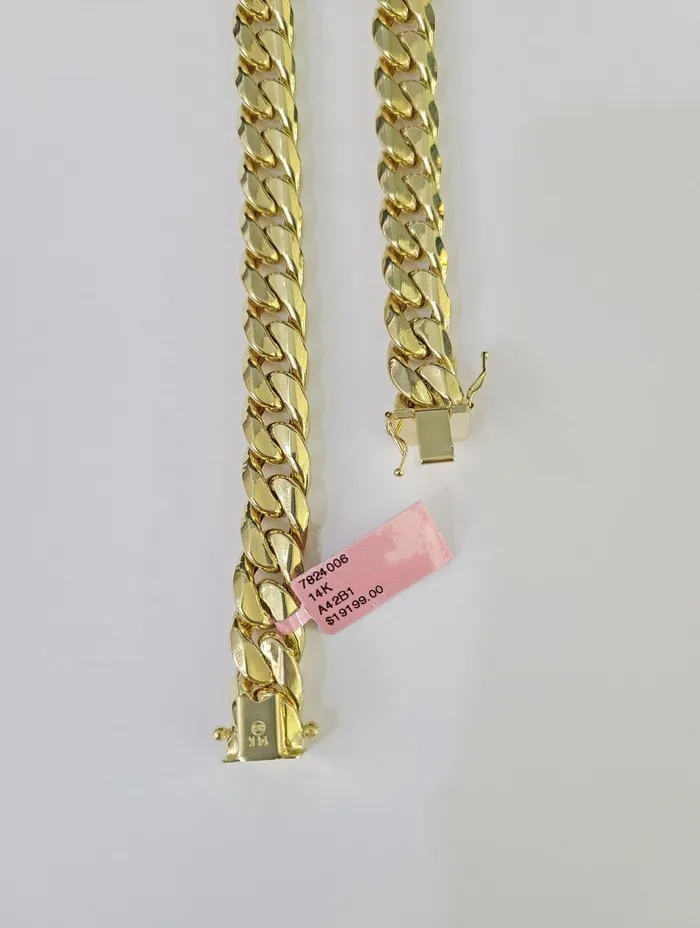 Gold and Diamond Real 14K Miami Cuban Link Chain Necklace Yellow Gold 24 inch 11mm Mens Hollow Necklaces