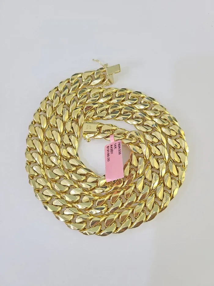 Gold and Diamond Real 14K Miami Cuban Link Chain Necklace Yellow Gold 24 inch 11mm Mens Hollow Necklaces