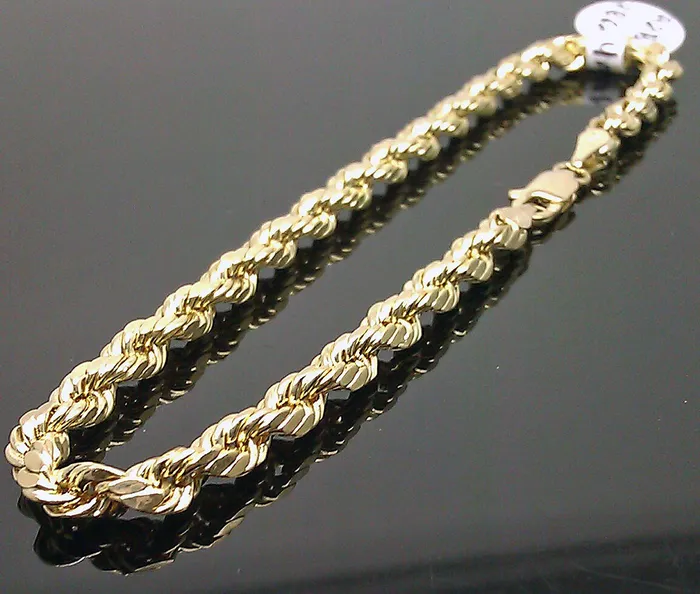Real 10K Yellow Gold Rope Bracelet 7 Inches 4mm Men Ladies lobster Gold and Diamond Bracelets