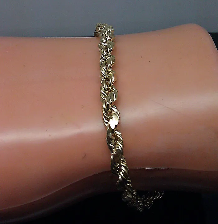 Real 10K Yellow Gold Rope Bracelet 7 Inches 4mm Men Ladies lobster Gold and Diamond Bracelets