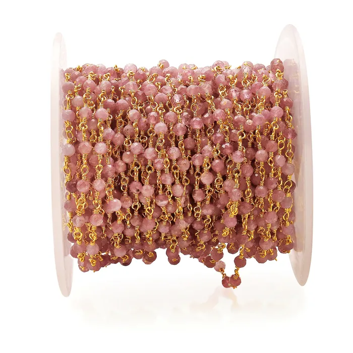 GemMartUSA PreStyled Sets Strawberry Quartz Faceted 335mm Gold Wire Wrapped Beads Rosary Chain GemMartUSA PreStyled Sets Strawberry Quartz Faceted 335mm Gold Wire Wrapped Beads Rosary Chain
