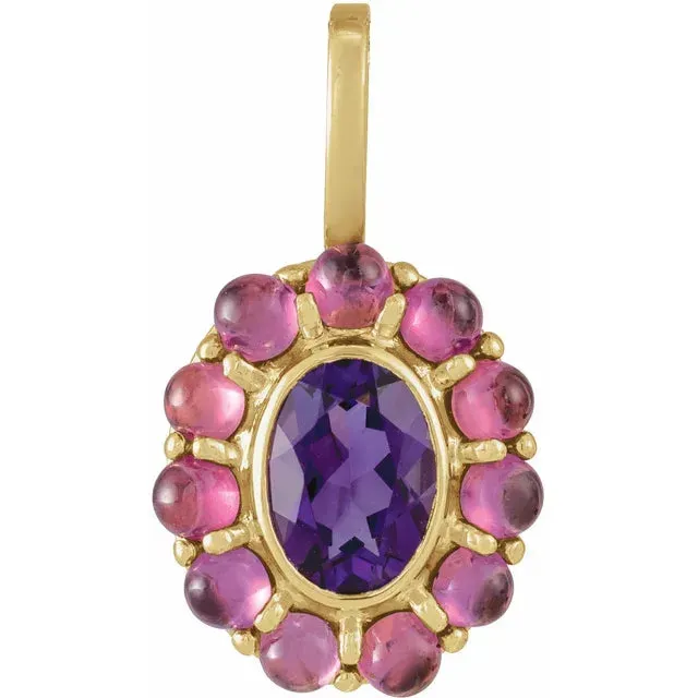 302 Fine Jewelry Necklaces Oval Natural Amethyst Rhodolite Halo Pendant Necklace Solid 14K Yellow Gold