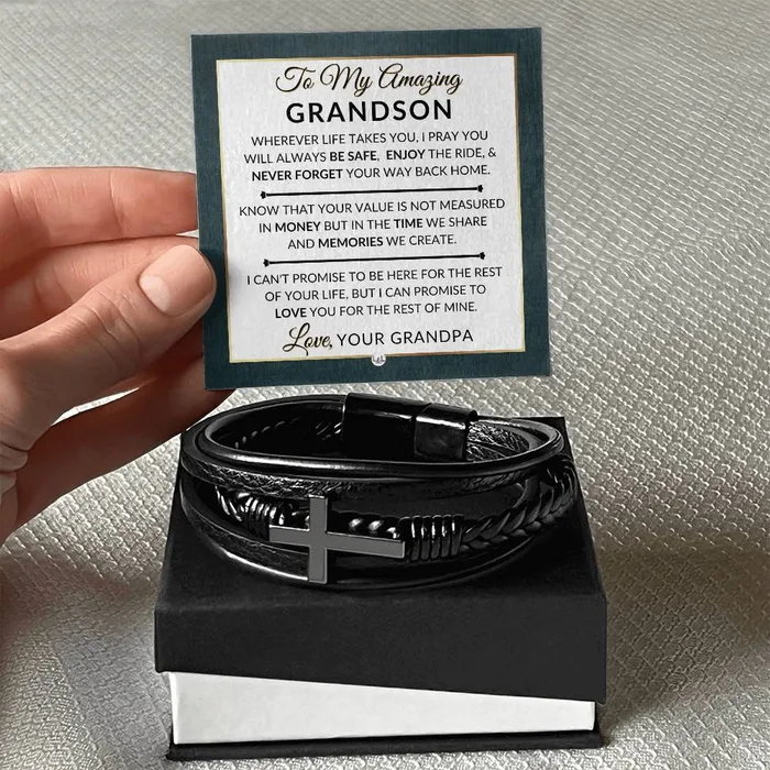 Gift For Grandson From Grandpa Never Forget Your Way Home Mens Braided Leather Bracelet with Cross Christmas Gift or A Birthday Present For Him ShineOn Fulfillment Bracelets