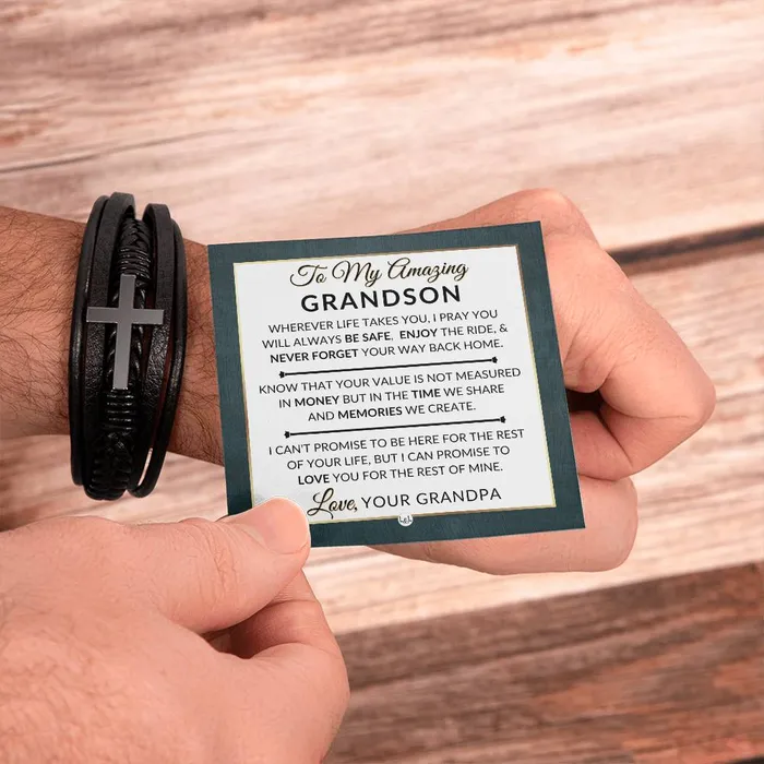 Gift For Grandson From Grandpa Never Forget Your Way Home Mens Braided Leather Bracelet with Cross Christmas Gift or A Birthday Present For Him ShineOn Fulfillment Bracelets