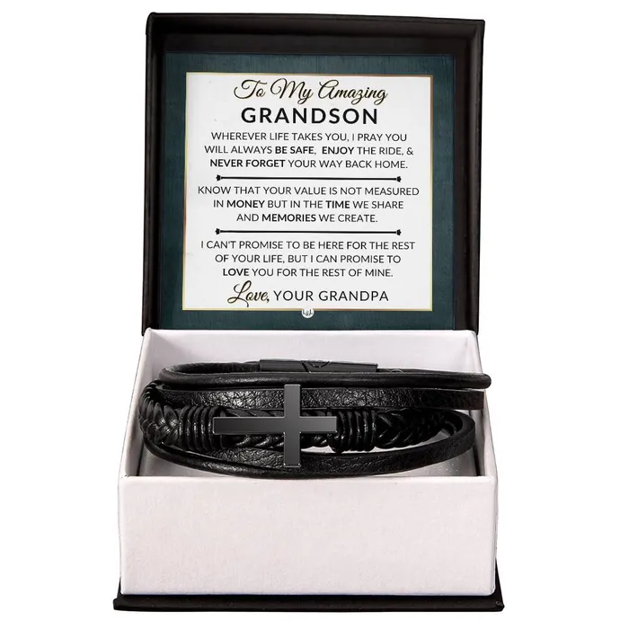Gift For Grandson From Grandpa Never Forget Your Way Home Mens Braided Leather Bracelet with Cross Christmas Gift or A Birthday Present For Him ShineOn Fulfillment Bracelets