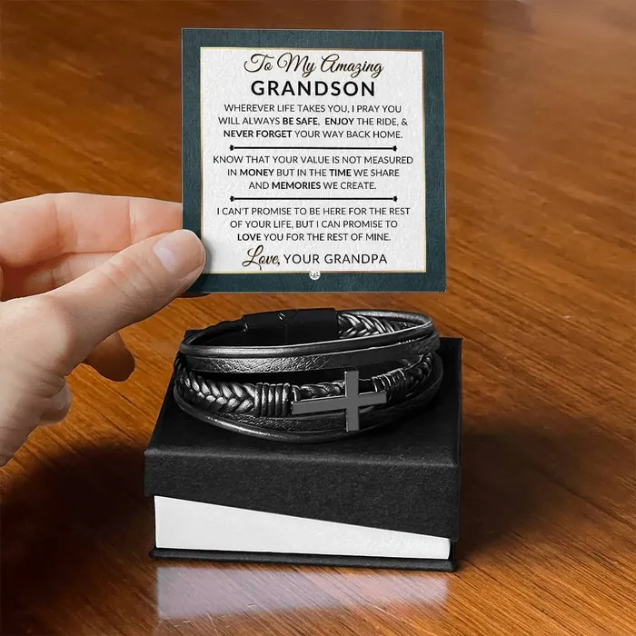 Gift For Grandson From Grandpa Never Forget Your Way Home Mens Braided Leather Bracelet with Cross Christmas Gift or A Birthday Present For Him ShineOn Fulfillment Bracelets