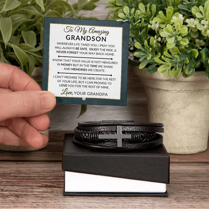 Gift For Grandson From Grandpa Never Forget Your Way Home Mens Braided Leather Bracelet with Cross Christmas Gift or A Birthday Present For Him ShineOn Fulfillment Bracelets