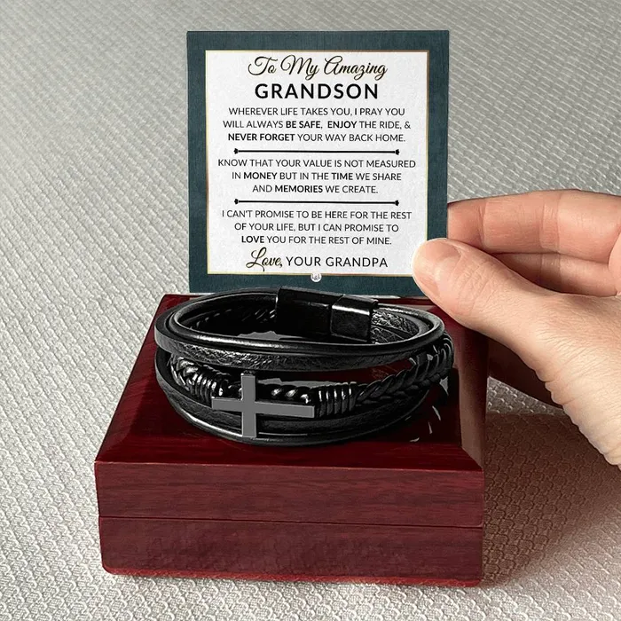 Gift For Grandson From Grandpa Never Forget Your Way Home Mens Braided Leather Bracelet with Cross Christmas Gift or A Birthday Present For Him ShineOn Fulfillment Bracelets