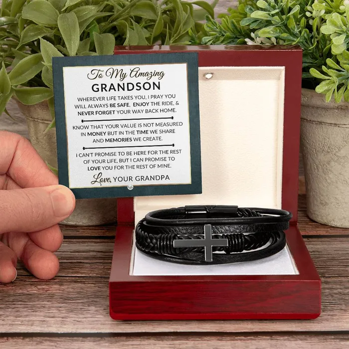 Gift For Grandson From Grandpa Never Forget Your Way Home Mens Braided Leather Bracelet with Cross Christmas Gift or A Birthday Present For Him ShineOn Fulfillment Bracelets
