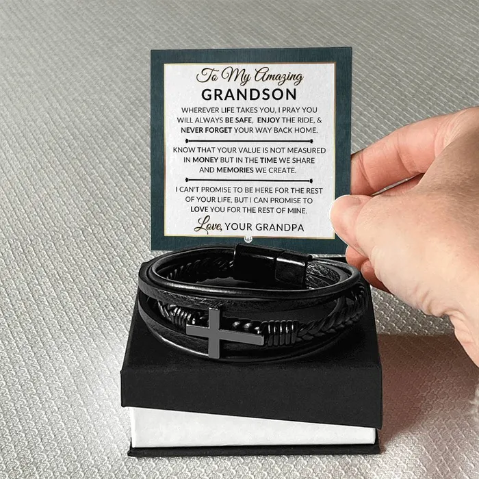Gift For Grandson From Grandpa Never Forget Your Way Home Mens Braided Leather Bracelet with Cross Christmas Gift or A Birthday Present For Him ShineOn Fulfillment Bracelets
