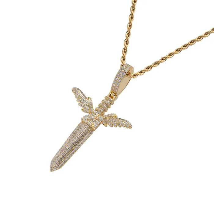 Iced Out Sword Pendant Gold Glitters Necklaces